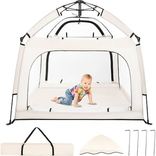 Portable Baby Playpen with Canopy, Infant Play Yard, Beach Tent, Mosquito Net for Indoor and Outdoor (Beige)