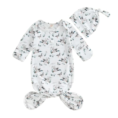 Newborn Infant Baby Boys Girls Knotted Gown with Hat Mallard Duck Hunter Sleeping Bag Swaddle Set Blanket