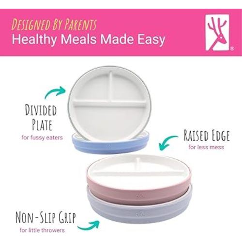Elk and Friends Kids 6.7” Porcelain Divided Plates with Silicone Sleeves | Suitable for Babies/Kids/Toddlers | Microwave & Dishwasher Safe | Non Slip | Snack Dishes