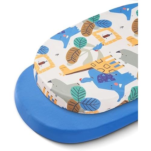 TILLYOU Baby Bassinet Sheets for Girls Boys, Fit for Hourglass Oval Rectangle Bassinet Mattress Sheets, 33”X16”, 2 Pack Animal Geometry & Blue