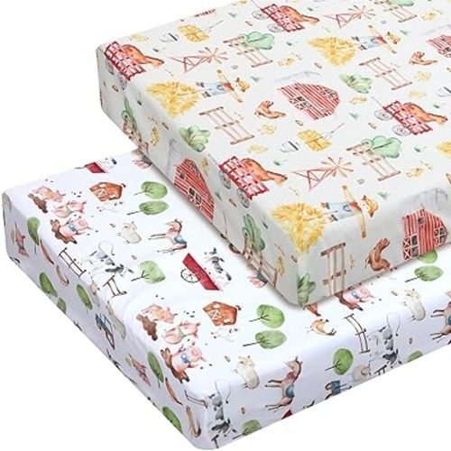 Mindsoft 2 Pcs Farm Animal Crib Sheet Set 52 x 28 x 8 Inches Fit for Standard Crib Toddler Mattress Newborn Gifts for Girl Boys, Breathable Soft Baby Sheet