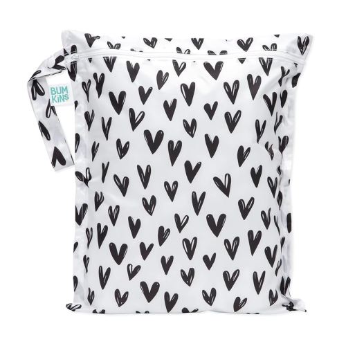 Bumkins Waterproof Wet Bag for Baby, Travel, Swim Suit, Cloth Diapers, Pump Parts, Pool, Beach, Gym Clothes, Toiletry, Hook to Stroller, Daycare, Zipper Reusable Wetdry Packing Pouch, Black Hearts