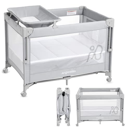 ANGELBLISS Baby Bassinet Bedside Crib, Pack and Play with Mattress, Diaper Changer, One-Push Setup Playards from Infants to Toddlers (Grey)
