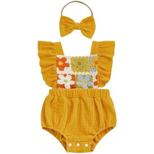 SHIBAOZI Baby Girl Crochet Romper Flower Flutter Sleeve Jumpsuit Infant Toddler Summer Clothes with Bow Headband
