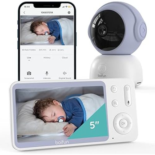 BOIFUN 2K Video Baby Monitor WiFi, 360° Camera & 5 Inch Display, Phone App & Monitor Control, Invisible Infrared Light(Eye Protection), AI Motion & Sound Detection Alarm, Auto Tracking