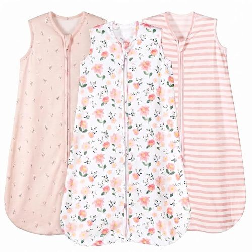 PHF Soft Baby Sleep Sack 0-6 Months 100% Cotton Baby Wearable Blanket, 2-Way Zipper 0.5 TOG Toddler Sleeping Bags 3 Pack, Comfy Sleep Bag for Baby Girls, Pink Floral (Small)