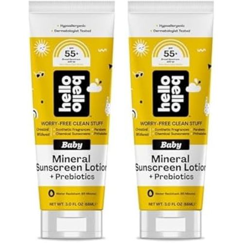 Hello Bello Mineral SPF 55+ Sunscreen Lotion with Prebiotics I Water Resistant and Reef Friendly Sun Protection for Babies and Kids I 3 fl oz (Pack of 2)