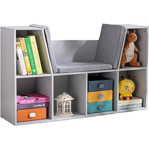 HOMCOM 6-Cubby Kids Bookcase with Reading Nook and Cushion, Multi-Purpose Storage Organizer for Bedroom, Living Room, Grey