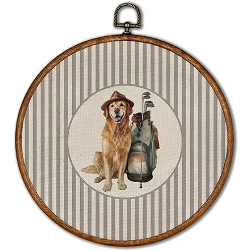 KSDUT Vintage Dog Golden Retriever Golf Wall Art Decor - Retro Sports Trendy Wall Art Canvas Frame Hanging Prints, Nursery Sports Gallery Round Artwork Decor for Boys Room Home Decorations 10"x10"