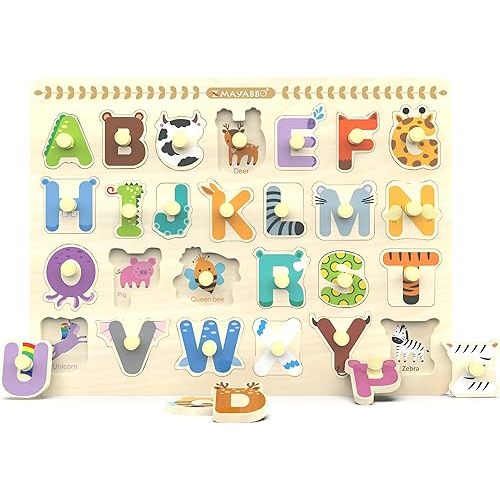 Wooden Peg Puzzle for Toddlers, Alphabet Learning Toys, Baby Puzzles Alphabet Board for Kids, Preschool Knob Puzzle for Boys Girls, Chunky ABC Shape Puzzles for 2 3 4 Year Old