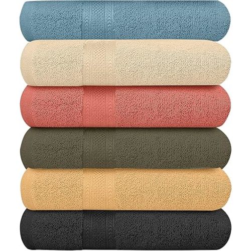 Pack of 6 Bath Towels Set 27 x 54 Inches, 100% Cotton, Larger & Lighter Weight, Quicker to Dry, Super Soft and Absorbent, Perfect for Bathroom (Multicolor, Pack of 6 (27''x54''))