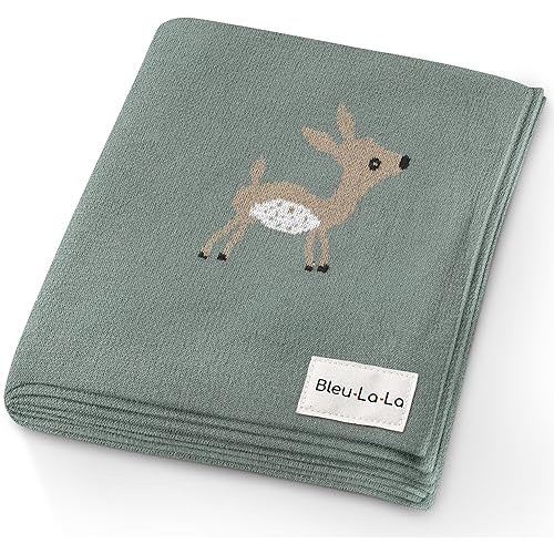 Bleu La La Soft Baby Swaddle Receiving Blanket - 100% Cotton Knit Soft Cozy Receiving Swaddling Crib Stroller Quilt Blanket for Shower Gift Registry for Newborns, Infants, Toddlers (Deer - Sage)