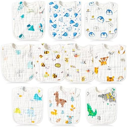 BUoonyer 10pcs Snap Muslin Cotton Bibs, Baby Bandana Drool Bibs, Adjustable Soft Absorbent Cotton Scarf