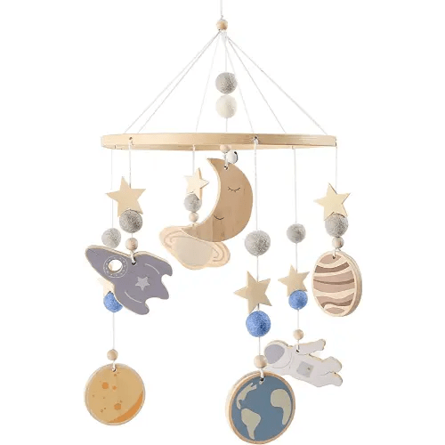 Space Nursery Mobile - Wooden Baby Mobile - Solar System Crib Mobile Astronaut Space Theme Nursery Bed Decoration, Gift for Newborn (Blue)