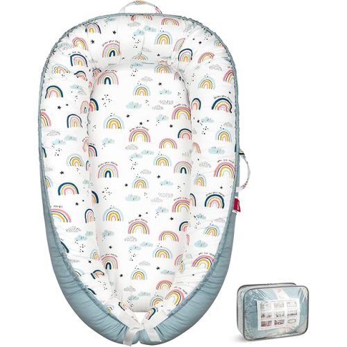 Baby Lounger - Baby Lounger for Newborn 0-24 Months, Breathable & Soft Baby Nest, Portable and Lightweight Lounger for Home and Travel, Ideal Newborn Babies Essentials (Blue-Rainbow)