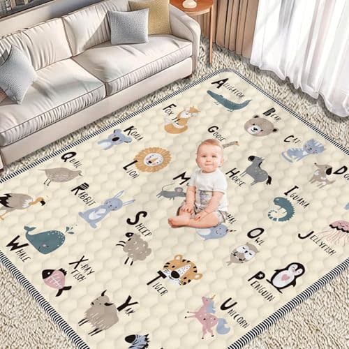 Baby Play MAT 59" X 71" Cotton Filling, Thickened Anti-Slip Baby Mat for Floor Playpen, Foldable and Machine Washable Baby Crawling Mat.
