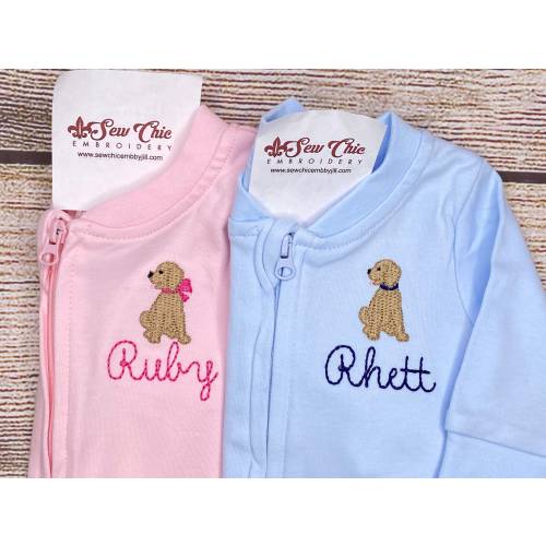 Personalized Baby Girl or Baby Boy Footie, Coming Home Outfit, With Bow or Pup above name, Embroidery