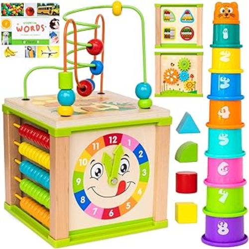 TOYVENTIVE Wooden Activity Cube, Montessori Toys for 1+ Year Old Girl, Multipurpose Educational Sensory Toy for Baby, Toddler, Kid | First Birthday Gift | Bonus First Words Book