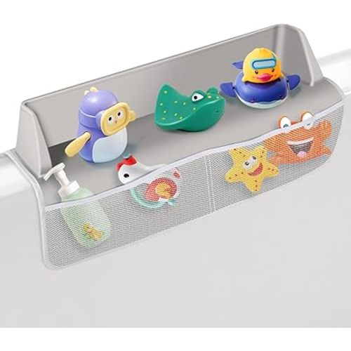 Bathtub Splash Guard Bathtub Shelf - Bathtub Toy Storage Toy Tray - Suction Cups Attach to Bath Tub - 22 inch Bath Shelf and Organizer with Practical Mesh Pockets - Fun for Toddlers Kids Baby (Grey)