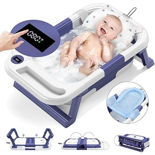 Blue Collapsible Baby Bathtub, Baby Bath Tub for Infants to Toddler, with Thermometer & Soft Floating Cushion & Bath Net, No-Slip Hanging Portable Bathtub
