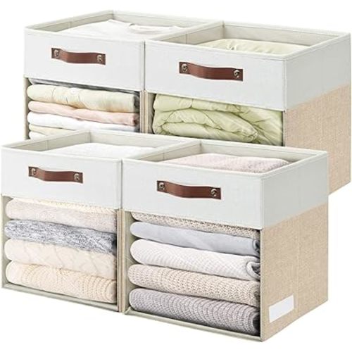 Storage Cubes, 4 Pack Linen Foldable Storage Bins (13 x 13 inch) with Clear Window and Handles, Fabric Organizer for Shelf Closet, Clothes, Books - (Beige and White)