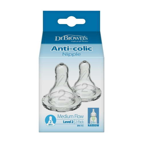 Dr. Brown's Natural Flow Level 2 Narrow Baby Bottle Silicone Nipple, Medium Flow, 3m+, 100% Silicone Bottle Nipple, 2 Pack