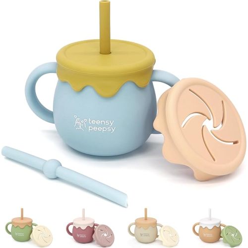 Honey Jar Pot 3-in-1 Silicone Training Cup 8.5oz, Baby Sippy Cup with Straw & Snack Lid for 6 months+ Straw Cup for Baby Boy Gift, Toddler Smoothie Drinkware (Honey Jar Blue)