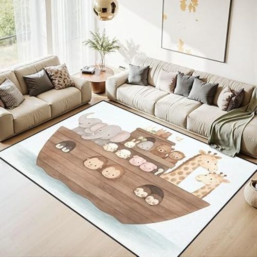 Area Rug Watercolor Noahs Ark for Kids Washable 6x9 feet Large Rugs for Bedroom Kitchen Living Room Non Slip Outdoor Carpets Soft Mats for Home Playroom Decor