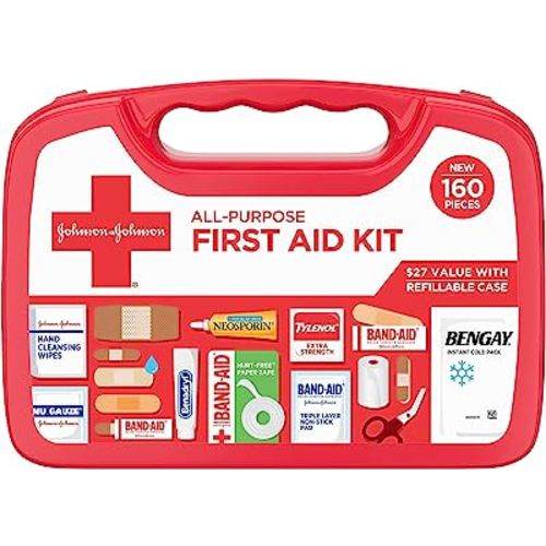 Johnson & Johnson All-Purpose Portable Compact First Aid Kit for Minor Cuts, Scrapes, Sprains & Burns, Ideal for Home, Car, Travel, Camping and Outdoor Emergencies, 160 pieces