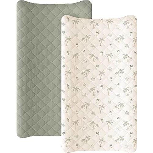 Konssy Waterproof Muslin Changing Pad Cover 2 Pack, Quilted Cotton Fitted Diaper Changing Table Cover, Soft Changing Pad Sheets for Girls Boys (Tree,Fog Green)