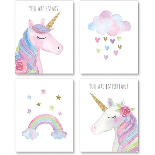 Watercolor Unicorn Nursery Wall Art Girls Room Decor Inspirational Rainbow Flower prints Baby Girls Room Poster Colorful Picture Cute Paintings for Kids Room Lovely Gift (8x10 inch,Set of 4,Unframed)