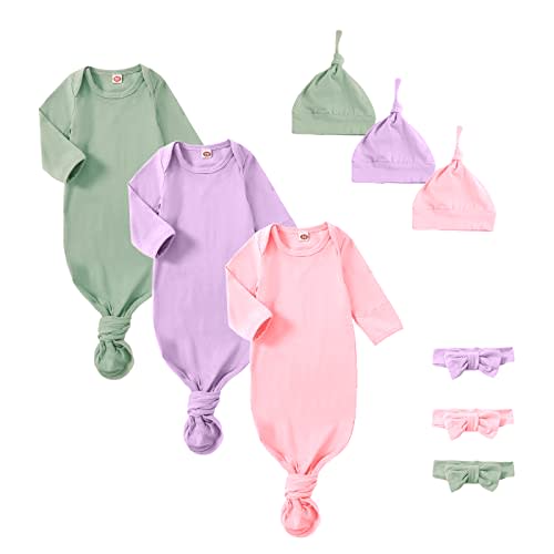 OPAWO Newborn Baby Knotted Gowns with Mitten Cuffs and Hat Baby Sleeper Gowns Coming Home Outfit for Baby Boy Girl 0-6 Months
