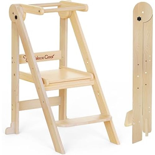 Foldable Toddler Kitchen Stool Helper, Toddler Tower with 3 Adjustable Height, Wooden Toddler Step Stool, Collapsible Toddler Tower, Toddler Stool for Kitchen and Bathroom (Nature)
