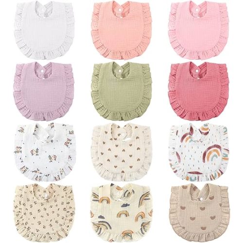 Geyoga 12 Pack Muslin Baby Bibs Adjustable Bandana Drool Bib for Unisex Cotton for Infants Boys Girls Teething