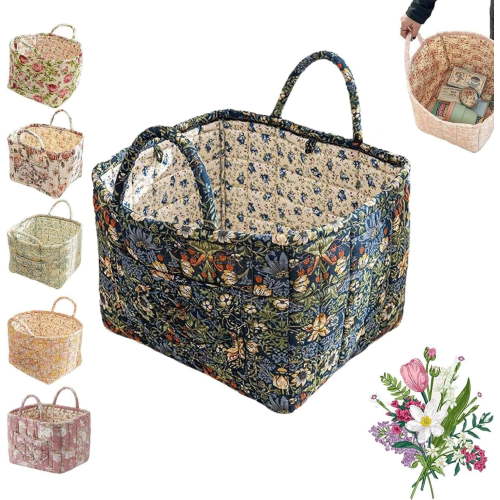 Eagerlyous Boho Fabric Storage Basket, Boho Quilted Fabric Storage Tote with Easy Carry Handle, Large Capacity Foldable Square-Shaped Floral Laundry Baskets for Clothes and Sundries