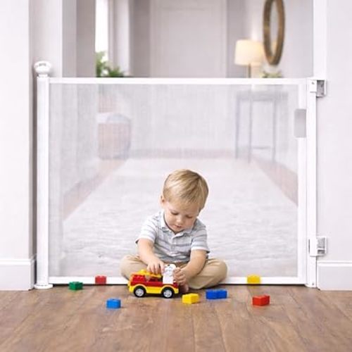 Retractable Mesh Safety Gate, Pets Gate, Baby Gate, 33" Tall, Extends to 55" Wide, for Stairs, Doors, Hallways, Indoor/Outdoor (White, 71 Inches)