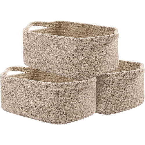 12"x8"x5"Cotton Rope Baskets, Woven Baskets for Storage, Nursery Storage Baskets, Rectangle Storage Basket with Handles, Storage Baskets for Shelves, Pack of 3,