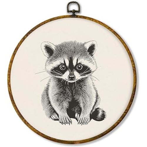 Hiuwevt Vintage Raccoon Round Wall Art Decor, Cute Neutral Racoon Framed Canvas Prints, Trash Panda Wildlife Animal Round Wall Hanging Decor for Home Nursery Kids Bedroom Decorations, 10x10 Inches