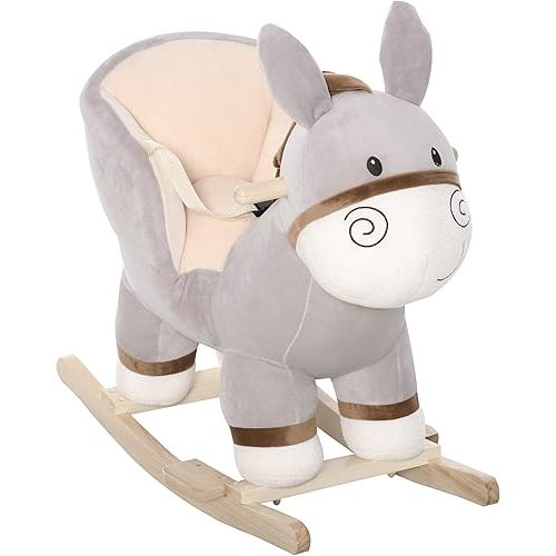 Qaba Kids Rocking Chair, Plush Ride On Rocking Horse Donkey with Sound, Wood Base Seat, Safety Belt, Baby Toddler Rocker Toy for 18-36 Months, Gray