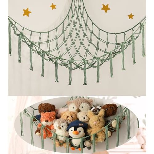 Stuffed Animal Hammock-Large Stuffed Animal Net For Toys Corner-Hanging Stuff Animal Toy Storage Organizer For Plush Plushie Display Yellow Girl Room Bedroom Boho Nursery Decor Toy Storage