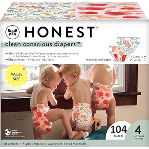 The Honest Company Clean Conscious Diapers | Plant-Based, Sustainable | Just Peachy + Flower Power | Super Club Box, Size 4 (22-37 lbs), 104 Count