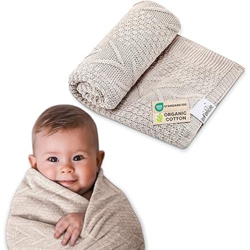 Organic Cotton Baby Blanket - 31.5 x 43.3 Inches, Soft Knitted Crib Blanket for Boys & Girls, Breathable Design (Beige)