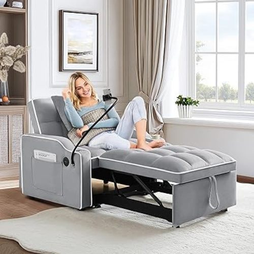 SLEERWAY 3-in-1 Convertible Futon Sofa Bed Chair, Multi-Functional Sleeper Chair Bed with Pull Out Couch and Adjustable Backrest, Modern Velvet Chaise Lounge Armchair for Living Room Bedroom, Grey