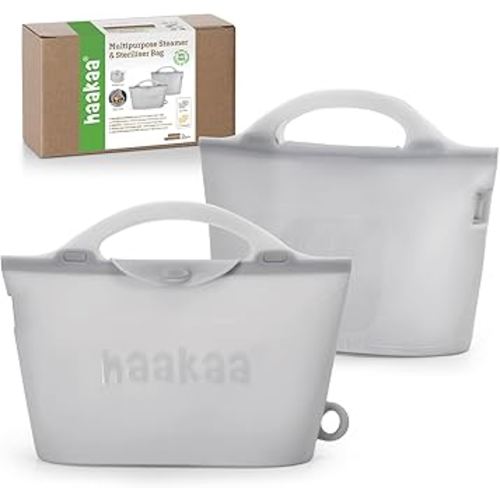 Haakaa Silicone Microwave Steamer & Steriliser Bag, 2000ml Large Capacity Reusable Steaming Bags for Baby Bottles/Breast Pump/Accessories/Pacifiers/Teethers,Great for Home and On-The-Go, Grey/2PC