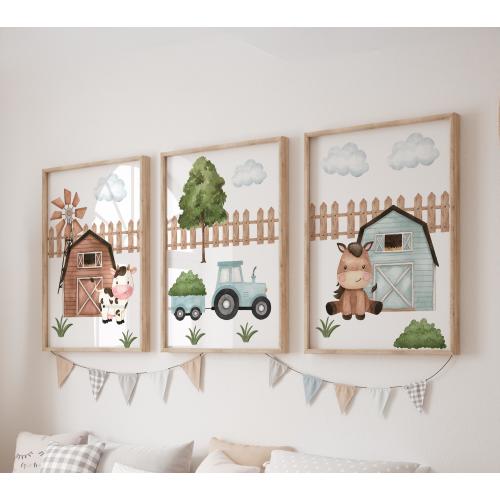 Set of 3 Farm Prints, Blue Tractor Wall Art Set, Horse Posters, Modern Art, Cow Kids Bedroom Decor, Boy Nursery Decor, Playroom Prints