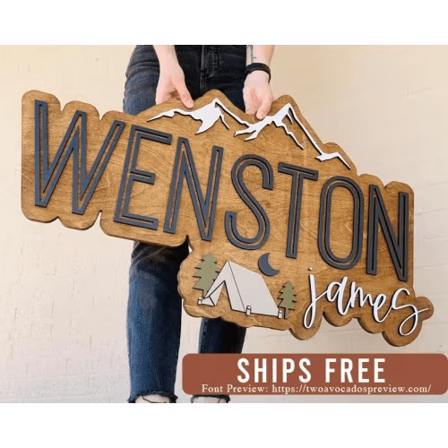 Mountains name sign, camping tent sign, large wood name sign, nursery name sign, outdoorsy nursery, layered baby name sign, cut out sign