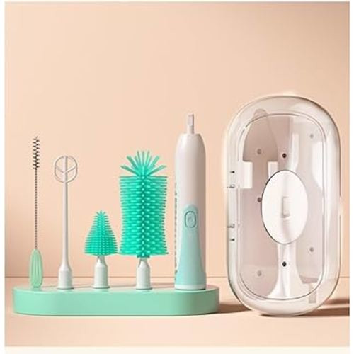 Electric Baby Bottle Brush Travel Set with Automatic Spinning Bottle Brush,Straw Brush and Electric Milk Frother,Suitable for Newborn Babies (Green)
