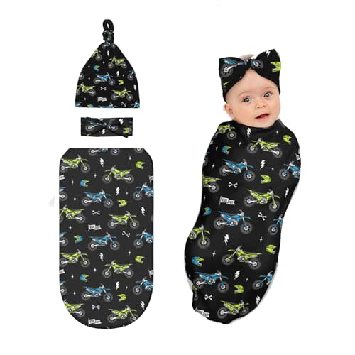 Motorcycles Print Swaddle Blanket Newborn Baby Blanket with Headband and Beanie Set Outfit Infant Shower Gift for Boys Girls