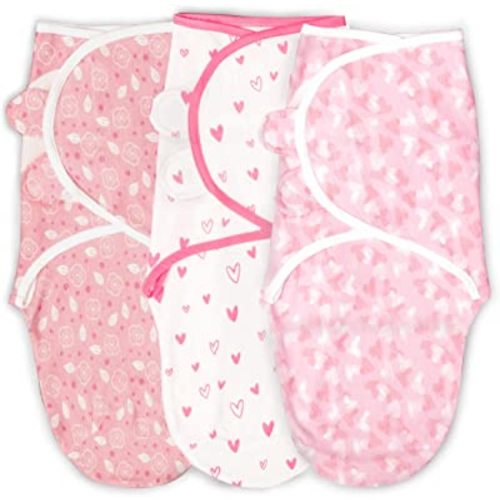 100% Organic Cotton Swaddle Blanket Baby Girl Infant Sleep Sack Wrap, Adjustable Infant Swaddle Wrap Newborn Babies Small 0-3 Months. (Hearts and Flowers 3 Pk)