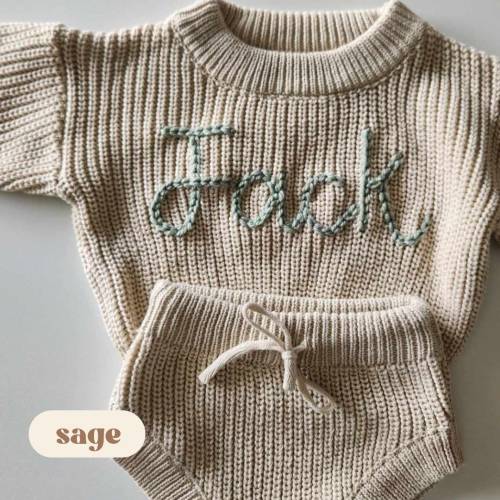 Newborn Baby Sweater Set, Custom Embroidered Name Baby Sweater & Shorts, Personalized Sweater, Birth Announcement Outfit- Biscotti 0-3 mos
